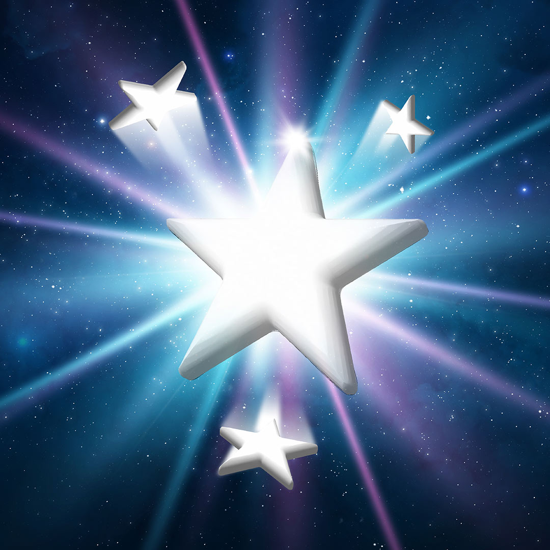 An illustration of four starts coming out of a blue and purple starburst.