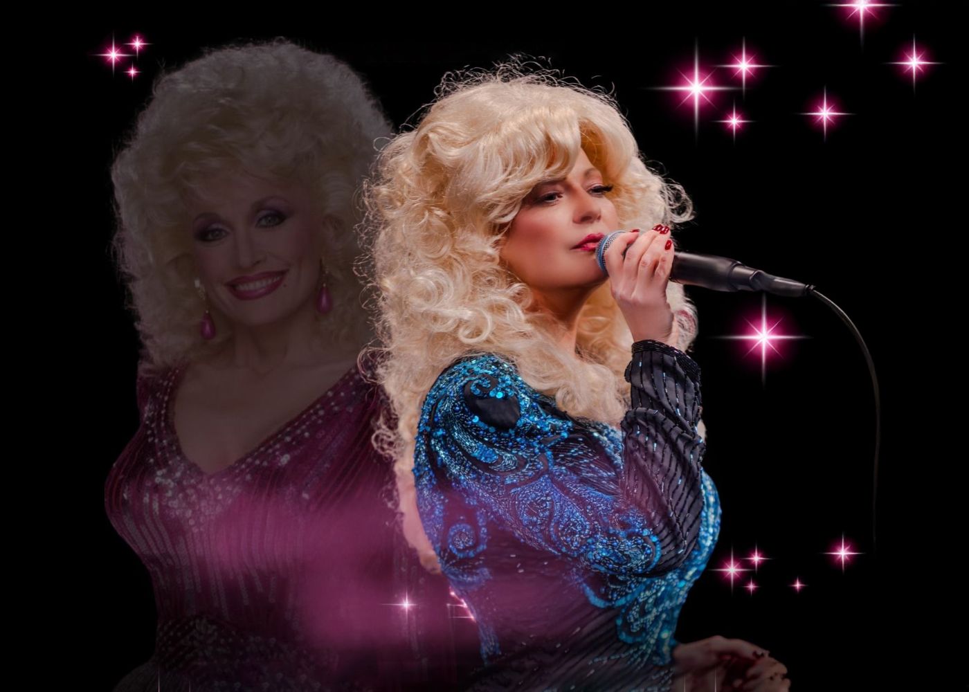 A Dolly Parton impersonator with long, blonde hair and a sparkling blue and purple outfit smiles while performing on a dark stage decorated with pink star shaped lights