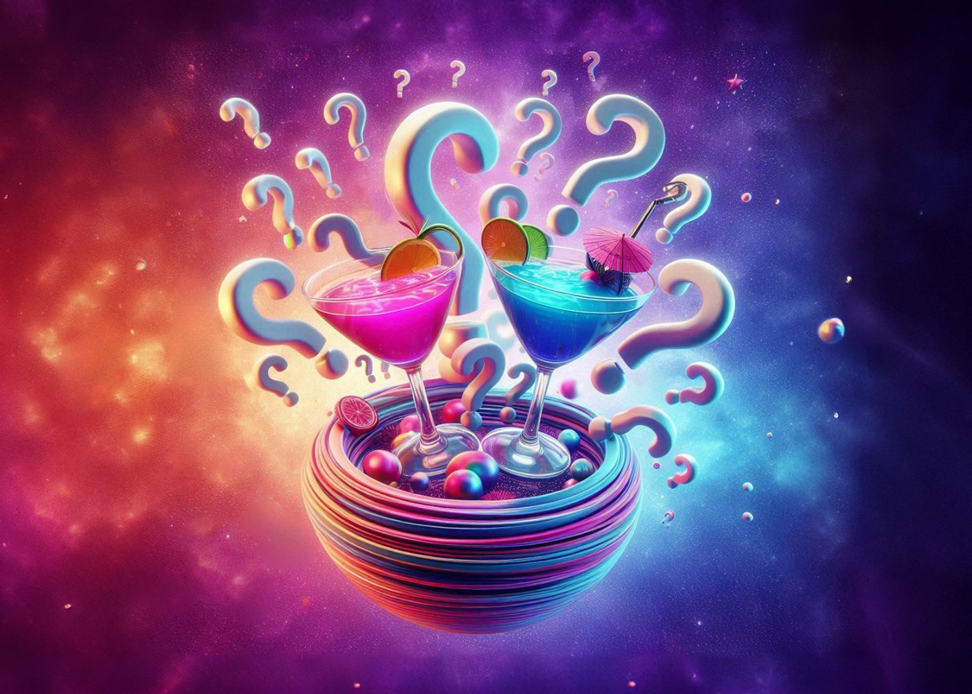 Two colourful cocktails surrounded by question marks on a vibrant purple and blue background.
