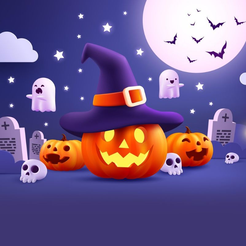 An illustration of jack-o-lanterns, skulls and ghosts in a cemetary with a full moon in the background.